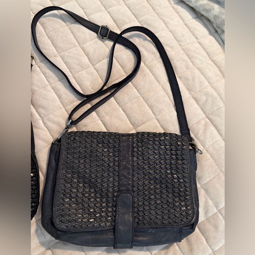 Woven Leather Navy Leather Crossbody Bag Made In India EUC